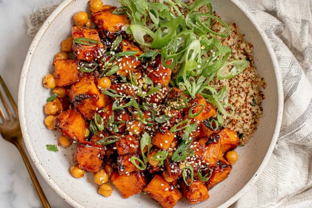 Gochujang Potatoes and Chickpeas bowl with crispy roasted Yukon gold potatoes, chickpeas, quinoa, scallions, and sesame seeds