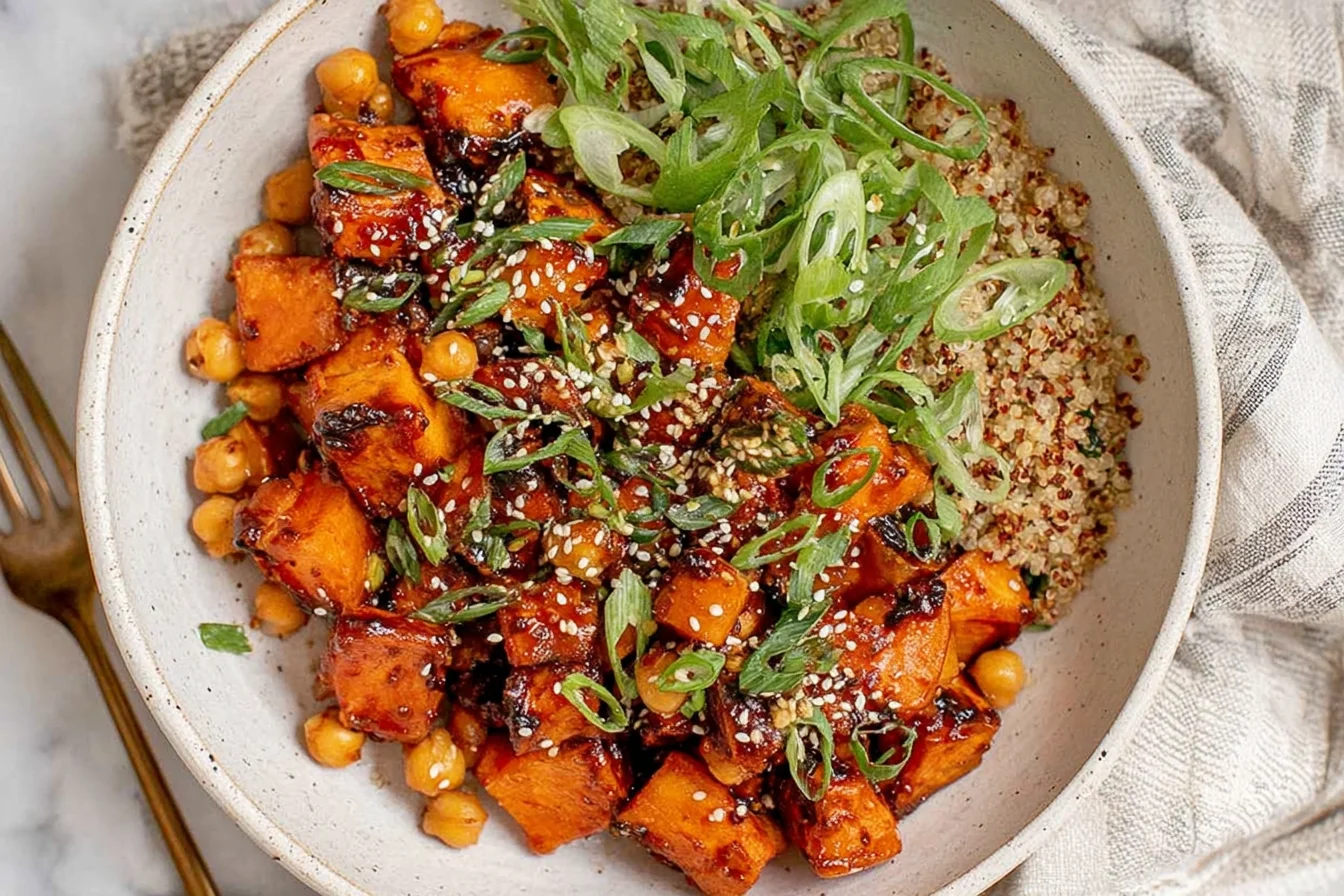 Gochujang Potatoes and Chickpeas bowl with crispy roasted Yukon gold potatoes, chickpeas, quinoa, scallions, and sesame seeds