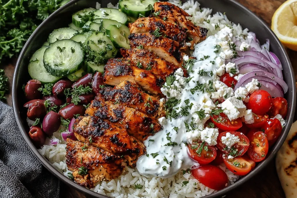 Greek Chicken Gyro Bowls topped with sliced grilled chicken, feta cheese, cucumbers, tomatoes, and creamy tzatziki sauce