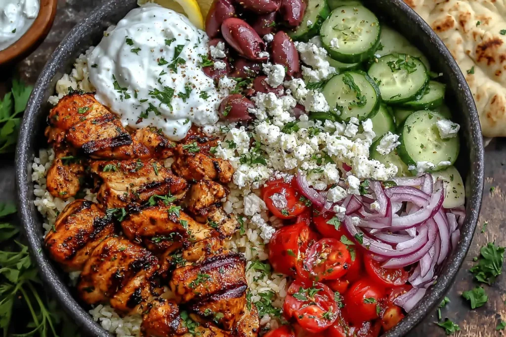 Greek Chicken Gyro Bowls with grilled marinated chicken, tzatziki, feta, cucumbers, tomatoes, and rice