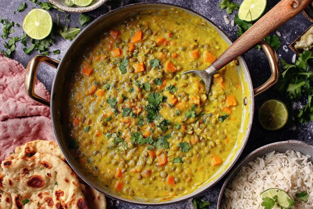 One-pot Green Lentil Dal Recipe cooking in a pan with carrots, coconut milk swirl, and fresh cilantro