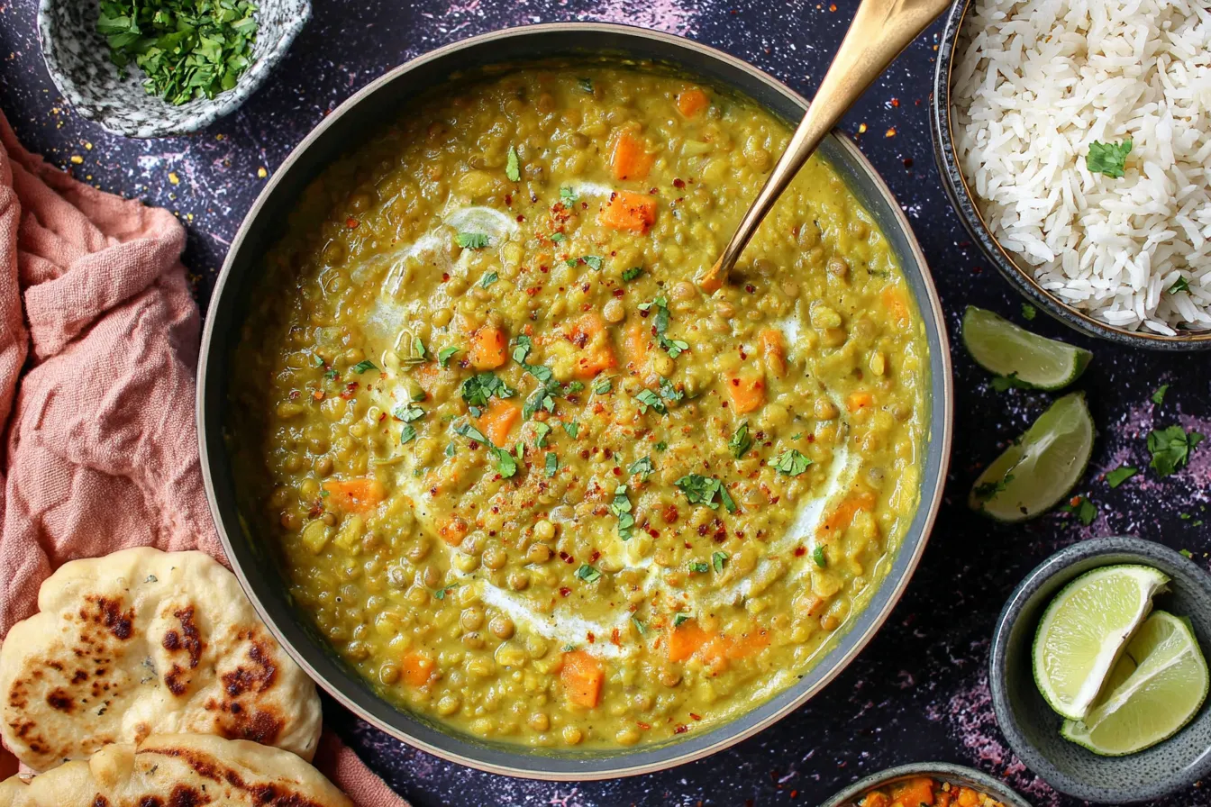 Green Lentil Dal Recipe served in a bowl with naan bread, basmati rice, lime wedges, and fresh cilantro garnish