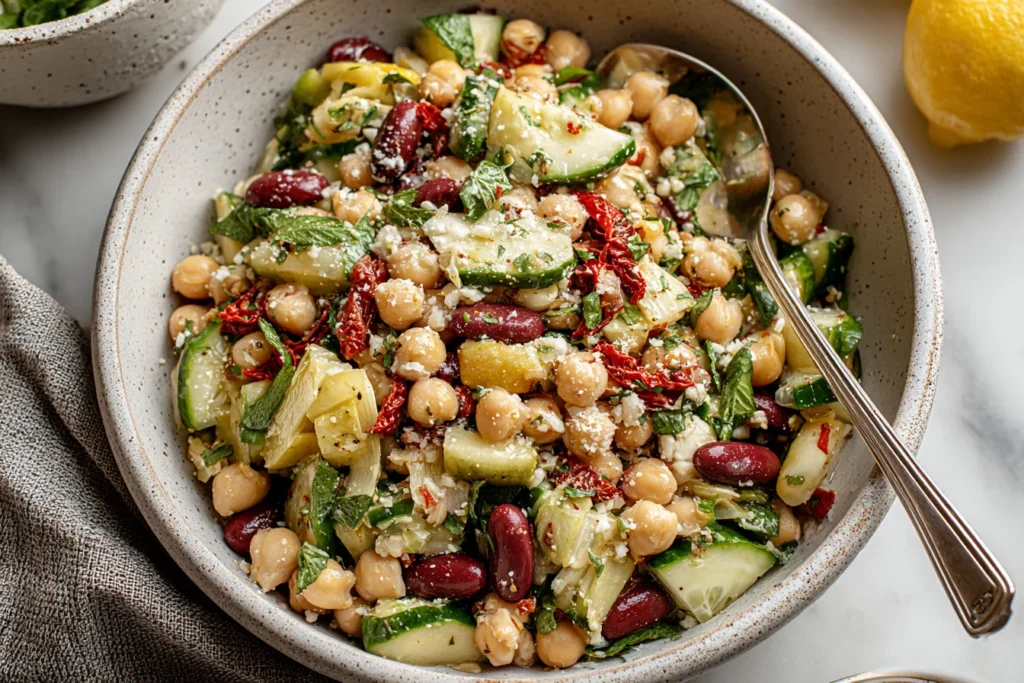 Healthy & High Protein Three Bean Salad in a ceramic bowl with kidney beans, chickpeas, cucumbers, artichoke hearts, sun-dried tomatoes, herbs, and parmesan.