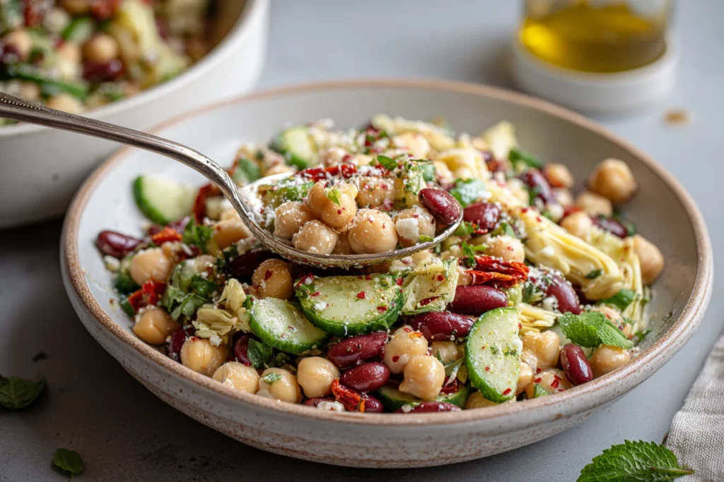 Healthy & High Protein Three Bean Salad served in a shallow bowl with chickpeas, kidney beans, cucumbers, artichoke hearts, herbs, parmesan, and red pepper flakes.