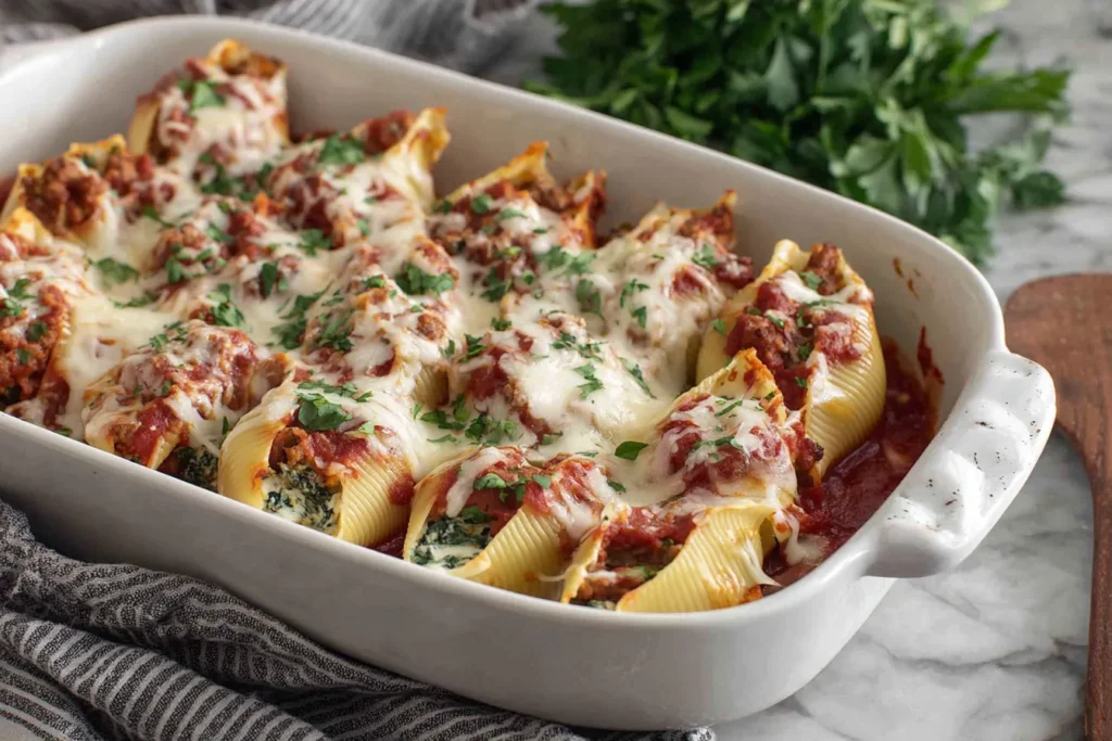 Healthy Stuffed Shells with Spinach and Ground Turkey in a white baking dish with melted cheese and fresh herbs