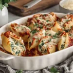 Healthy Stuffed Shells with Spinach and Ground Turkey baked in marinara sauce and topped with melted mozzarella and fresh parsley