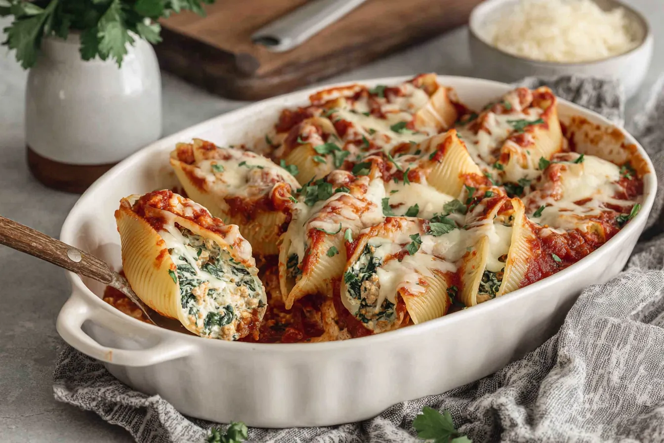 Healthy Stuffed Shells with Spinach and Ground Turkey baked in marinara sauce and topped with melted mozzarella and fresh parsley