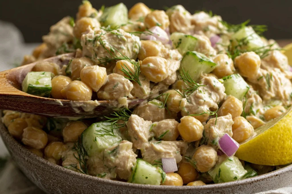 Healthy Tuna Garbanzo Chickpea Salad spooned from a bowl with cucumber, red onion, fresh dill, and a creamy lemon Dijon dressing.