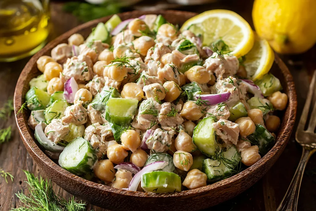 Healthy Tuna Garbanzo Chickpea Salad in a wooden bowl with cucumber, red onion, fresh dill, and lemon slices.