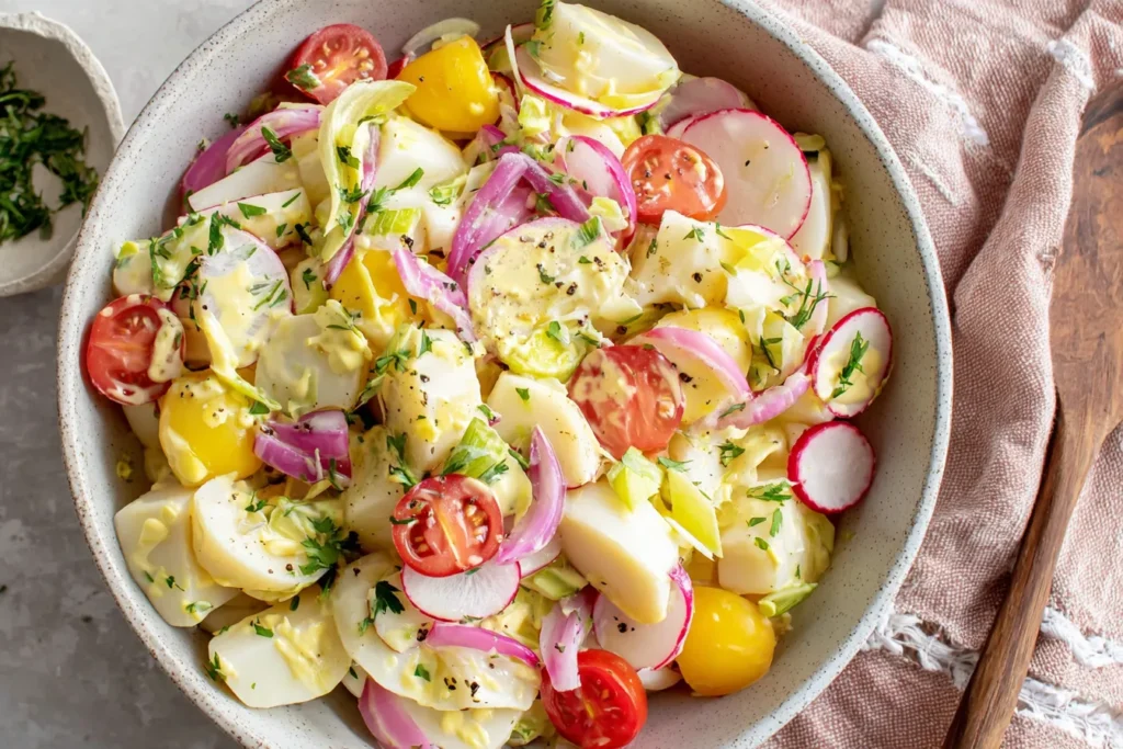 Colorful Hearts of Palm Salad with yellow tomatoes, parsley, and red onion in creamy dressing