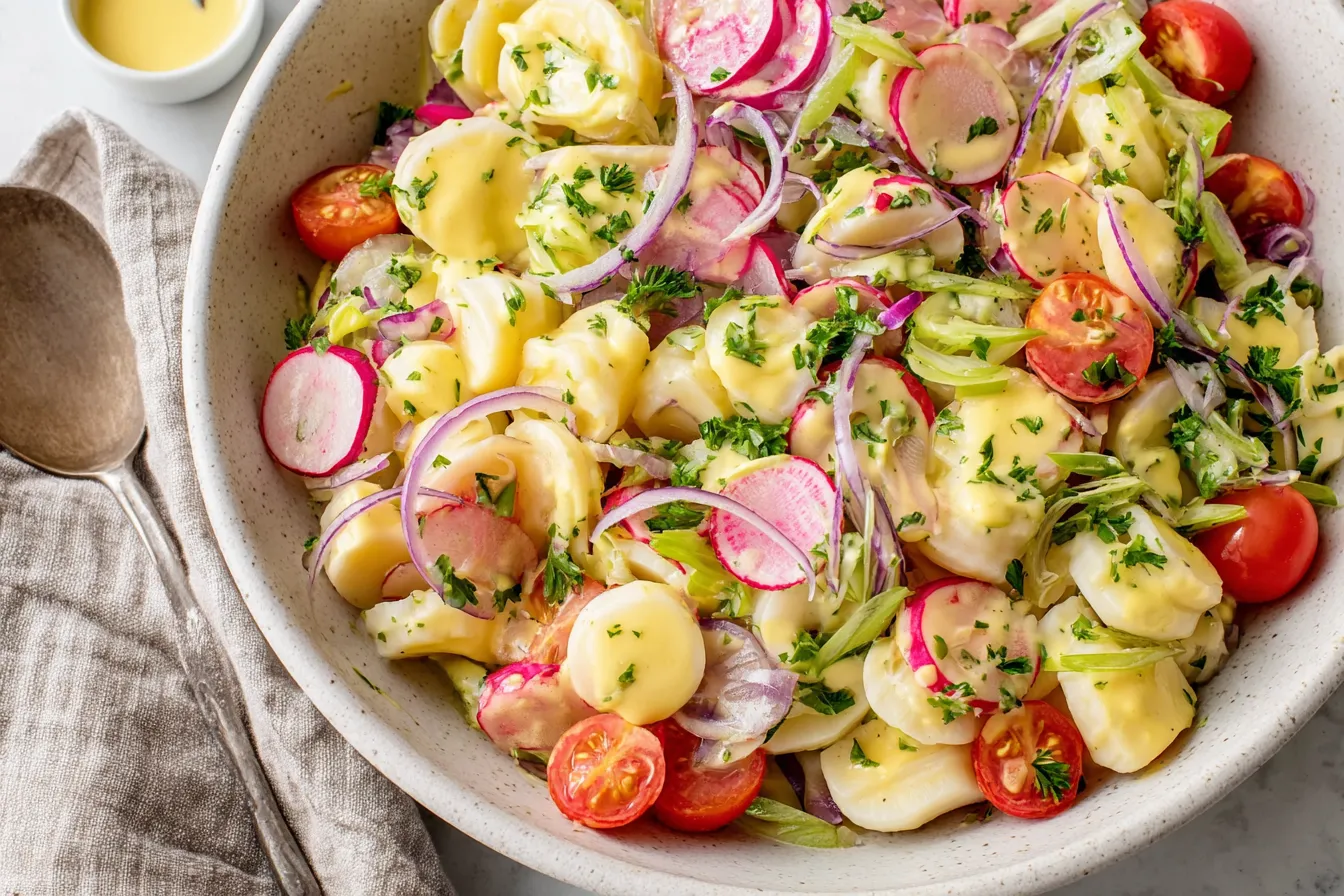 Hearts of Palm Salad with cherry tomatoes, radishes, red onion, and creamy lemon Dijon dressing