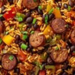 Black Beans and Rice with Sausage in a bowl with colorful bell peppers, cilantro, and sliced sausage—hearty one-pot dinner.
