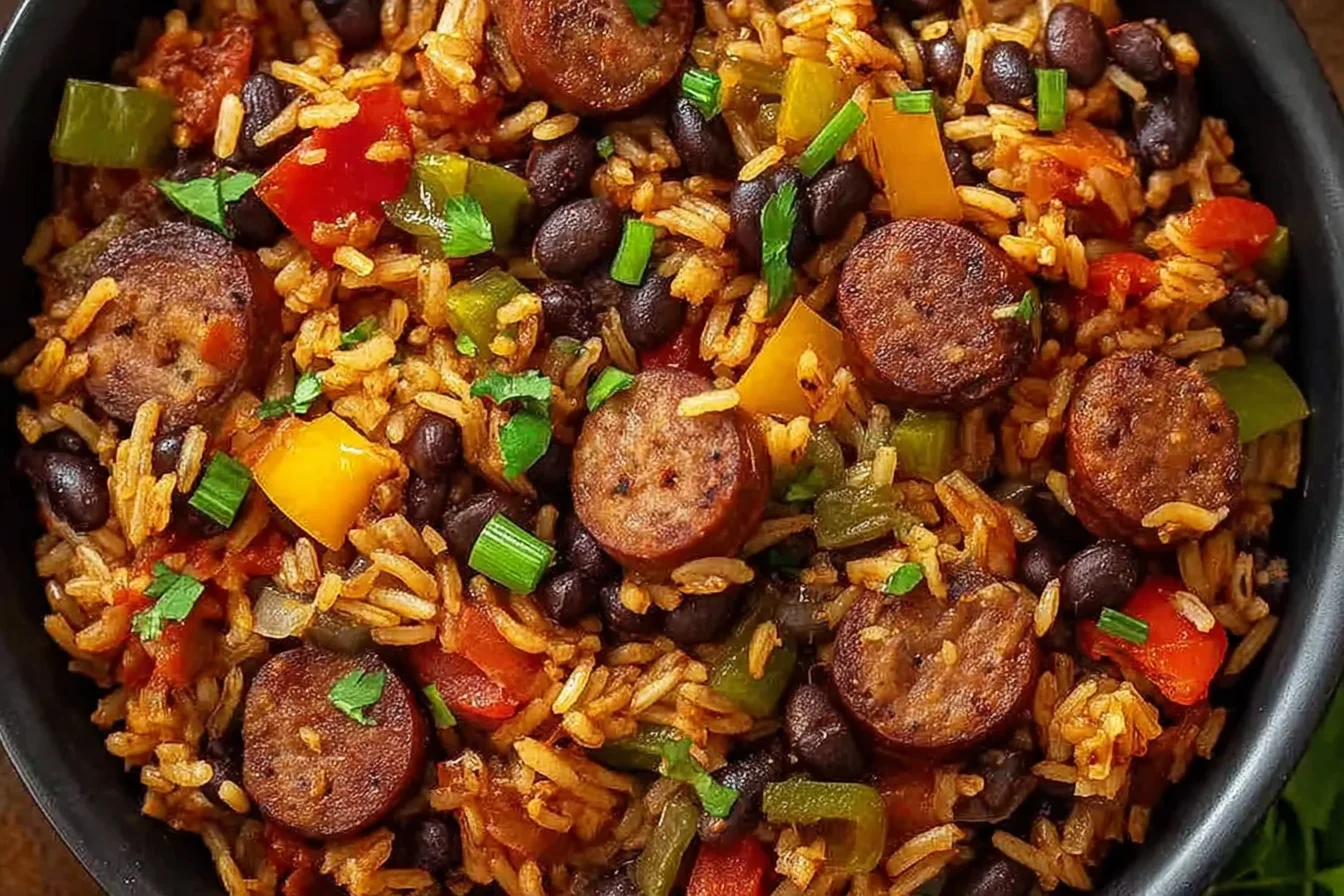 Black Beans and Rice with Sausage in a bowl with colorful bell peppers, cilantro, and sliced sausage—hearty one-pot dinner.
