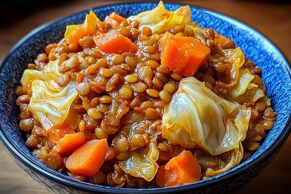 Slow Cooker Cabbage & Lentils in a blue bowl with tender cabbage, carrots, and hearty lentils in a rich, savory broth.