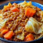 Slow Cooker Cabbage & Lentils in a blue bowl with tender cabbage, carrots, and hearty lentils in a rich, savory broth.
