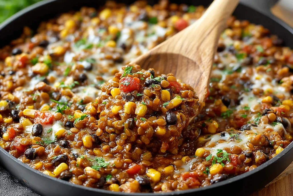 Spoonful of Vegetarian Mexican Lentils with black beans, corn, tomatoes, and melted cheese in a skillet, garnished with fresh herbs.