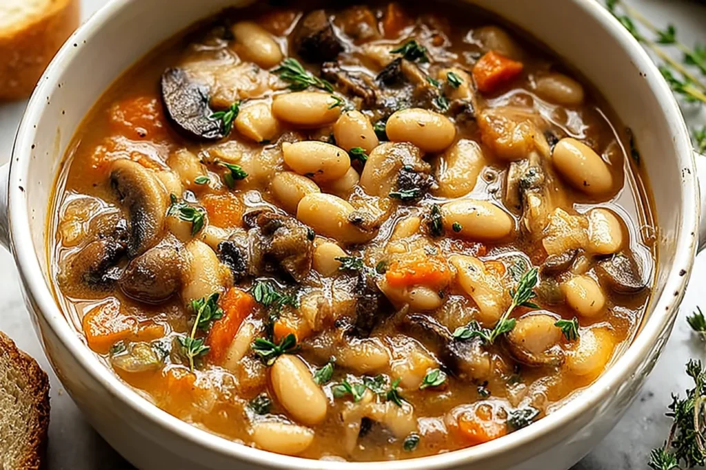 White Bean Mushroom Stew with creamy white beans, sautéed mushrooms, carrots, thyme, and a rich savory broth in a white bowl.