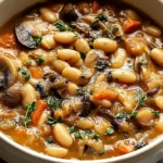 White Bean Mushroom Stew with creamy white beans, sautéed mushrooms, carrots, thyme, and a rich savory broth in a white bowl.