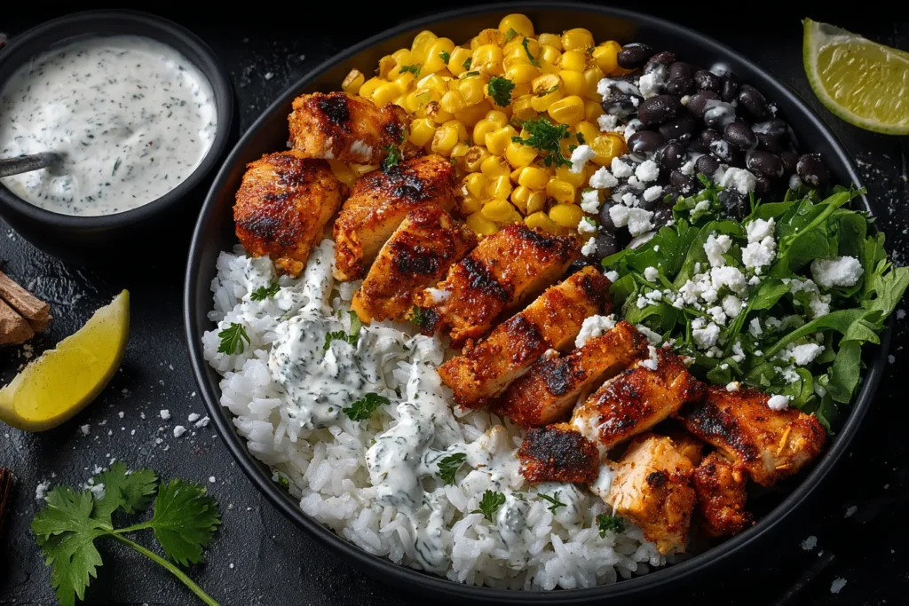 High Protein Street Corn Chicken Bowls with grilled chicken, corn, black beans, greens, and rice