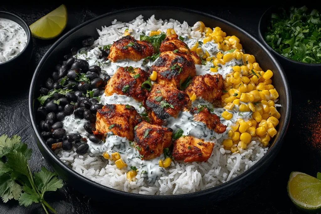 High Protein Street Corn Chicken Bowls with grilled chicken, black beans, corn, and creamy lime sauce over rice