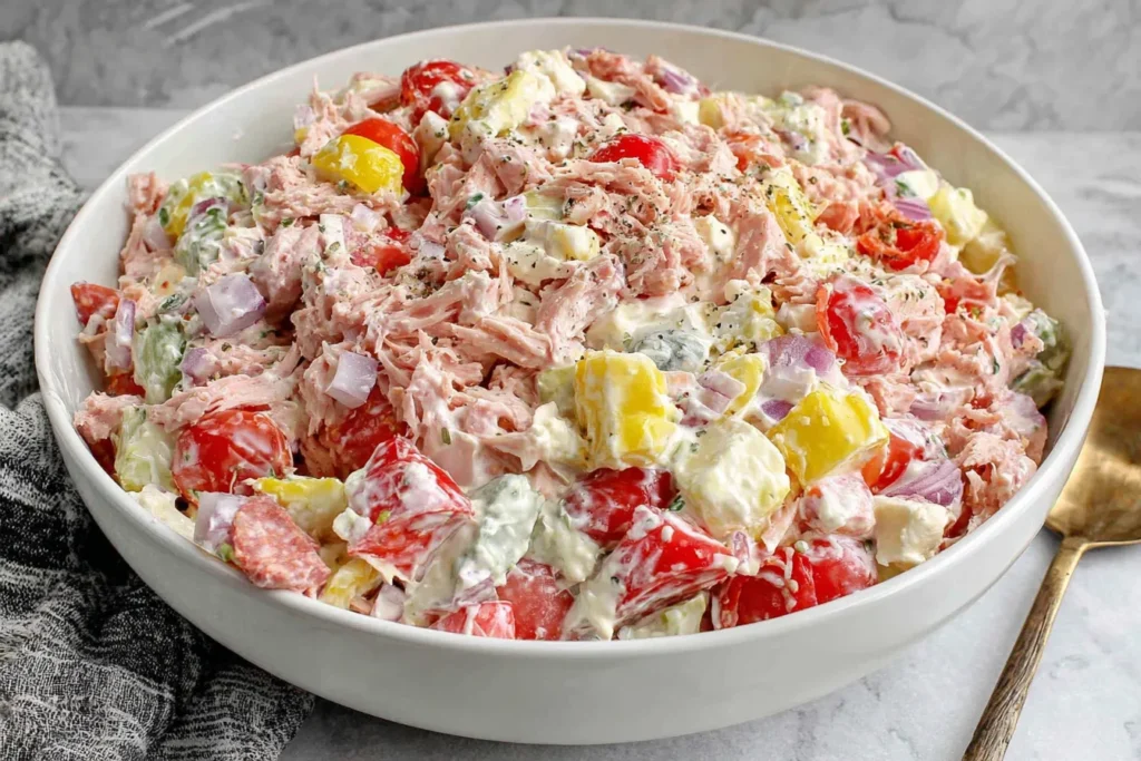 Close-up of Italian Grinder Chicken Salad Recipe with shredded chicken, provolone, feta, grape tomatoes, and red onion in creamy dressing