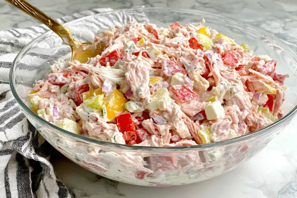 Italian Grinder Chicken Salad Recipe in a glass bowl with shredded chicken, salami, pepperoni, tomatoes, banana peppers, and creamy dressing