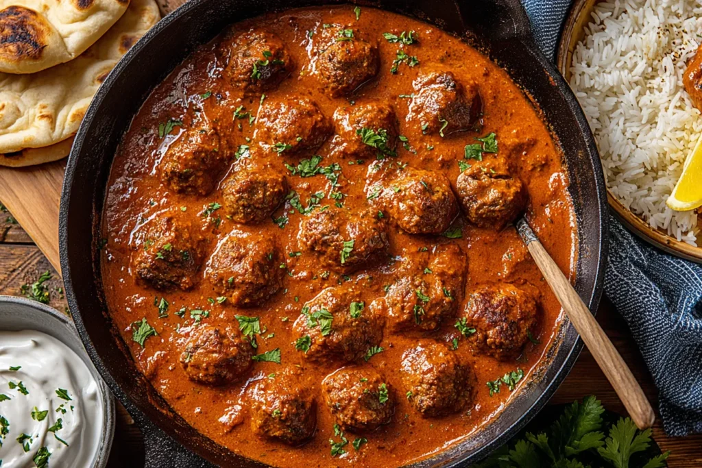 Lamb Kofta Curry with Mint Yoghurt topped with fresh cilantro and served with rice and flatbread
