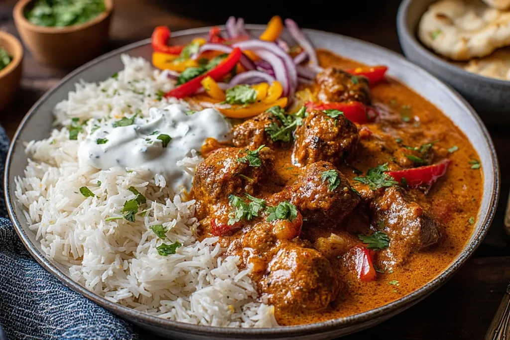 Lamb Kofta Curry with Mint Yoghurt served with basmati rice, fresh herbs, and naan bread