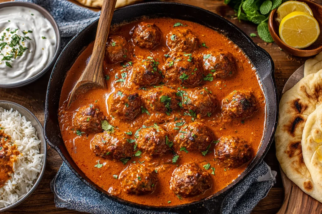Skillet of Lamb Kofta Curry with Mint Yoghurt in rich creamy sauce with naan and rice on the side