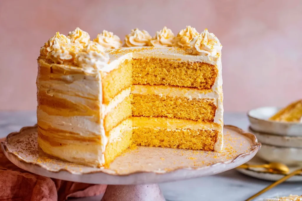 Whole Layered Cornbread Cake with Whipped Honey Butter Frosting decorated with piped buttercream and honey glaze