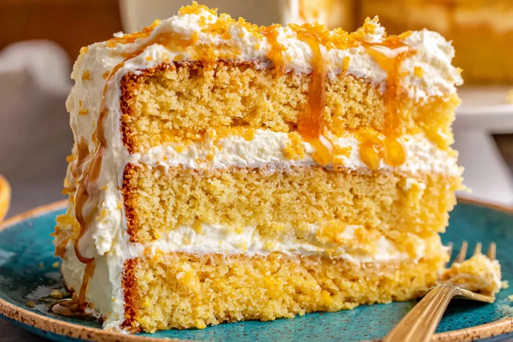 Slice of Layered Cornbread Cake with Whipped Honey Butter Frosting topped with honey drizzle and fluffy buttercream layers