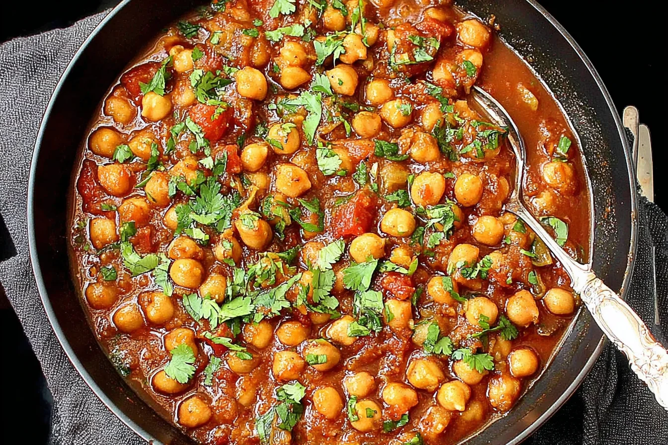 Lebanese Chickpea Stew in a black bowl, rich tomato broth with tender chickpeas and fresh parsley on top.