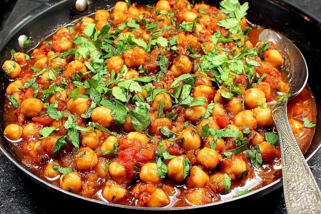 Lebanese Chickpea Stew simmering in a skillet with tomato sauce, tender chickpeas, and fresh parsley, served with a spoon.