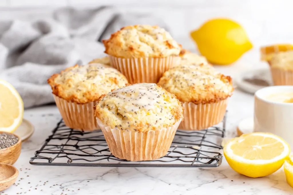 Lemon Chia Seed Muffins on cooling rack with light lemon icing and fresh lemons