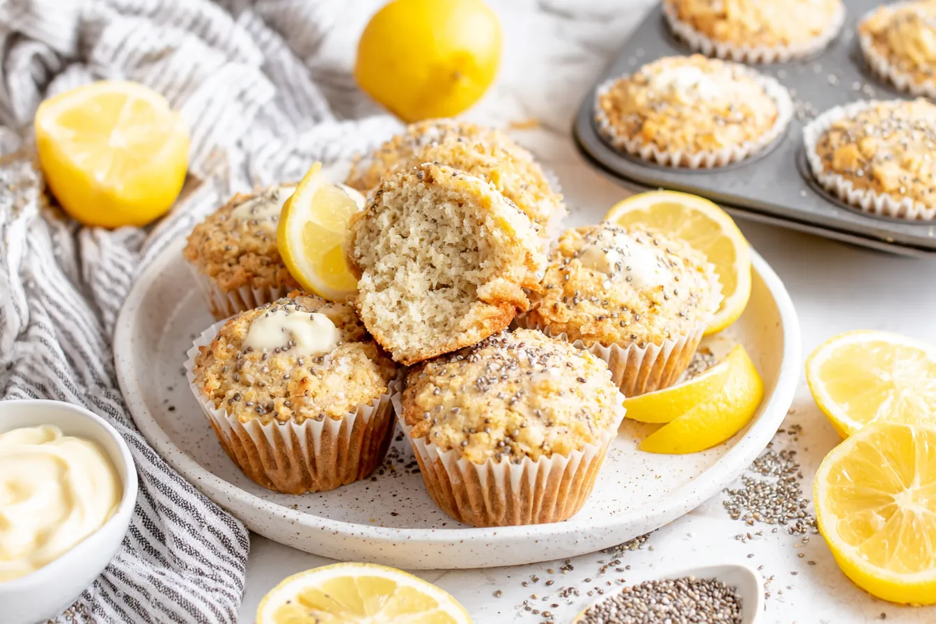 Lemon Chia Seed Muffins soft and moist with fresh lemon zest and chia seeds served on a plate
