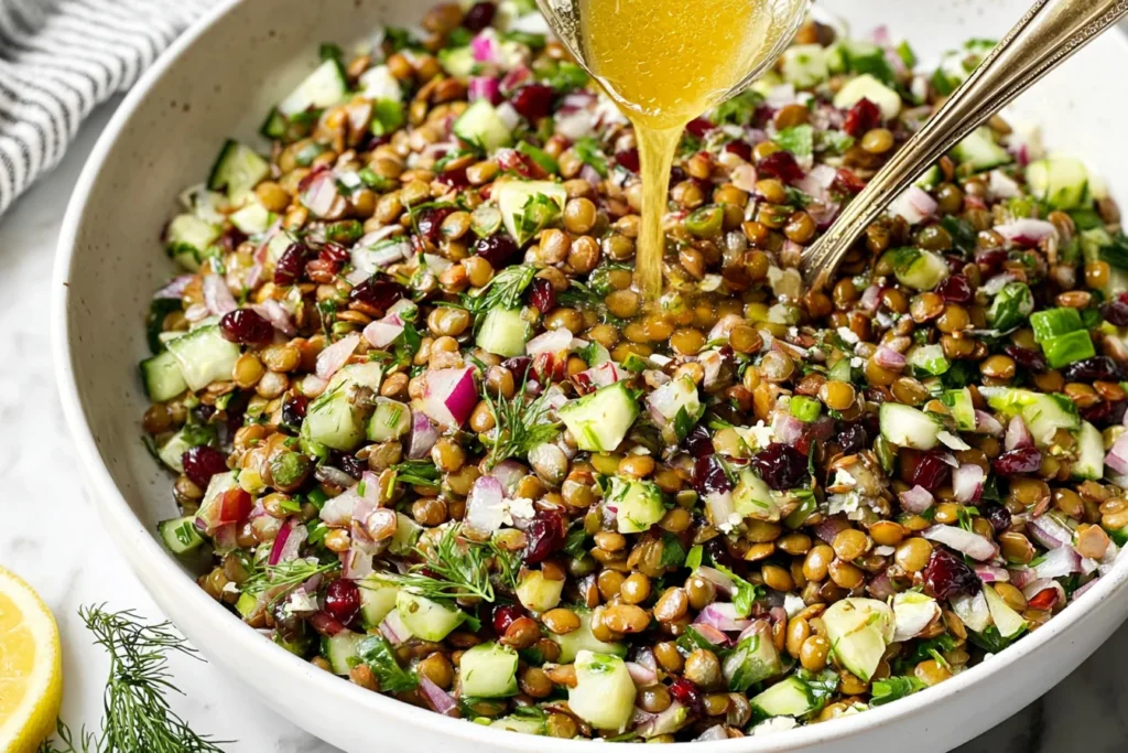 Lentil Salad being tossed with lemon vinaigrette, featuring lentils, diced cucumber, red onion, herbs, and dried fruit in a mixing bowl.