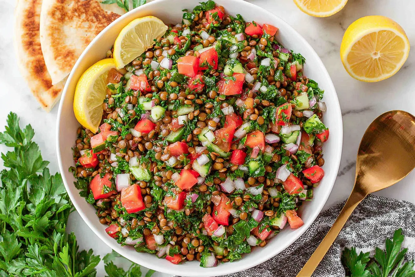 Mediterranean-style Lentil Tabbouleh salad with herbs, tomatoes, lentils, and lemon wedges