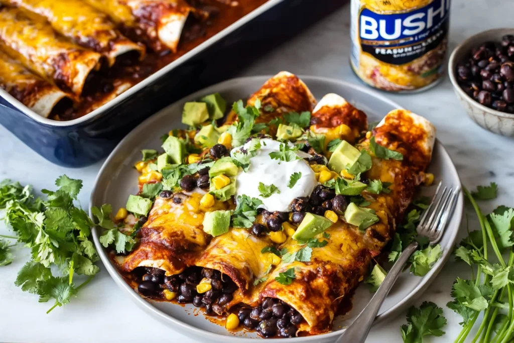 Black Bean Enchiladas topped with melted cheese, corn, avocado, cilantro, and sour cream on a plate with enchilada sauce.