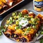 Black Bean Enchiladas topped with melted cheese, corn, avocado, cilantro, and sour cream on a plate with enchilada sauce.