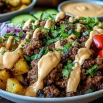 Burger Bowls with seasoned ground beef, brown rice, cherry tomatoes, pickles, lettuce, and creamy sauce in a meal-prep bowl.