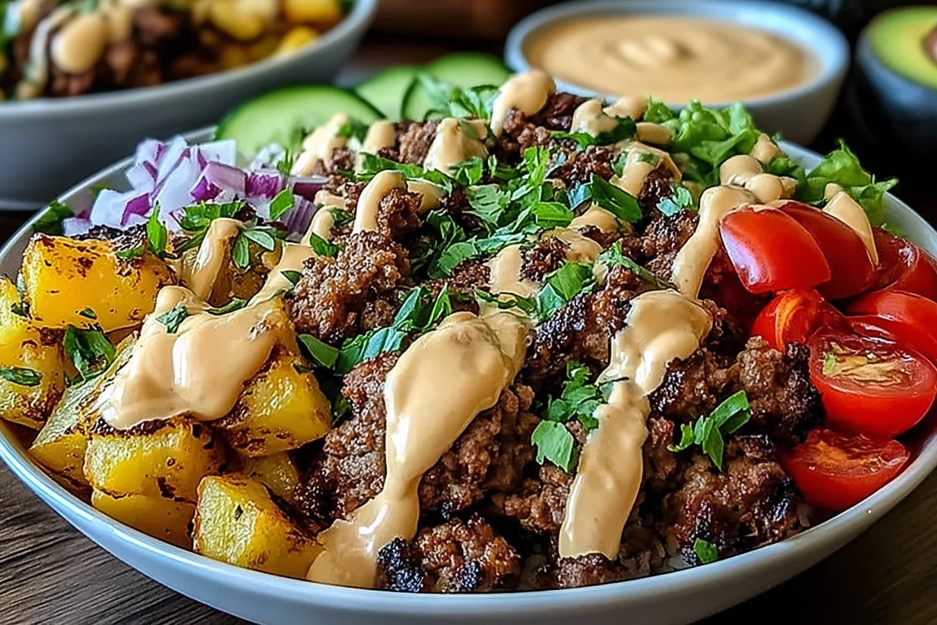 Burger Bowls with seasoned ground beef, brown rice, cherry tomatoes, pickles, lettuce, and creamy sauce in a meal-prep bowl.