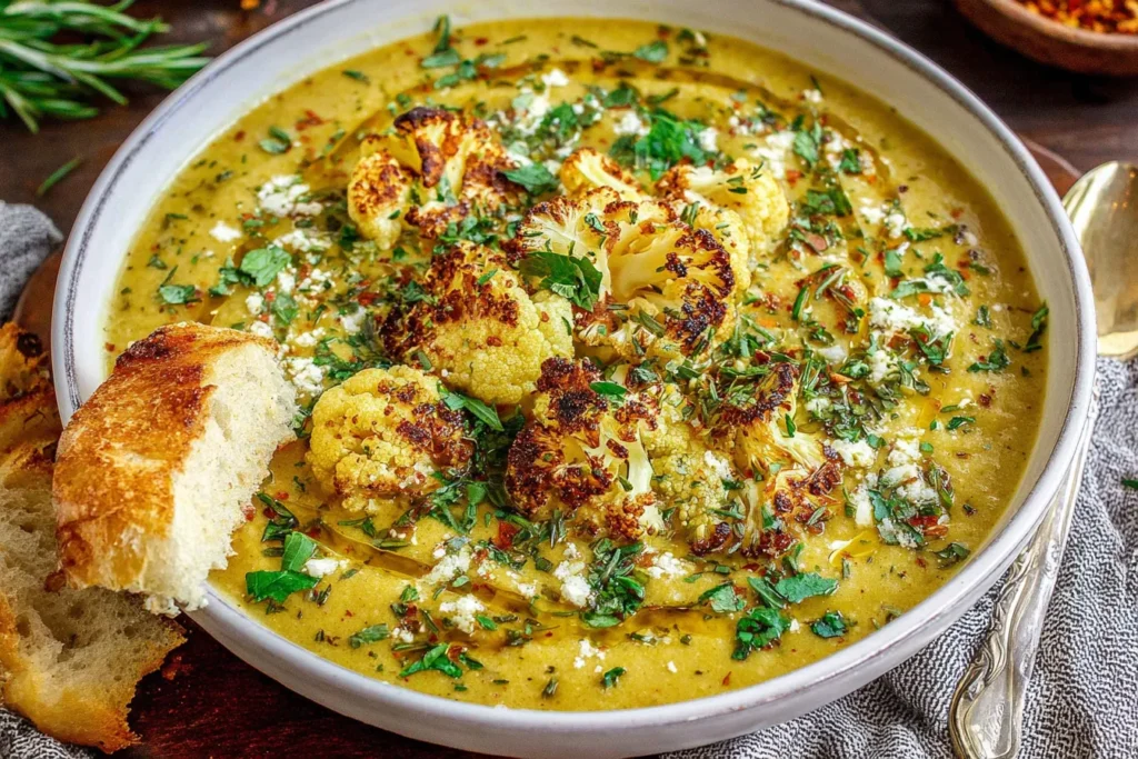 Mediterranean Cauliflower Soup Recipe with Herbs and Olive Oil served with crusty bread and garnished with roasted cauliflower and fresh thyme