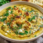 Mediterranean Cauliflower Soup Recipe with Herbs and Olive Oil topped with roasted cauliflower, feta, and fresh herbs in a rustic bowl