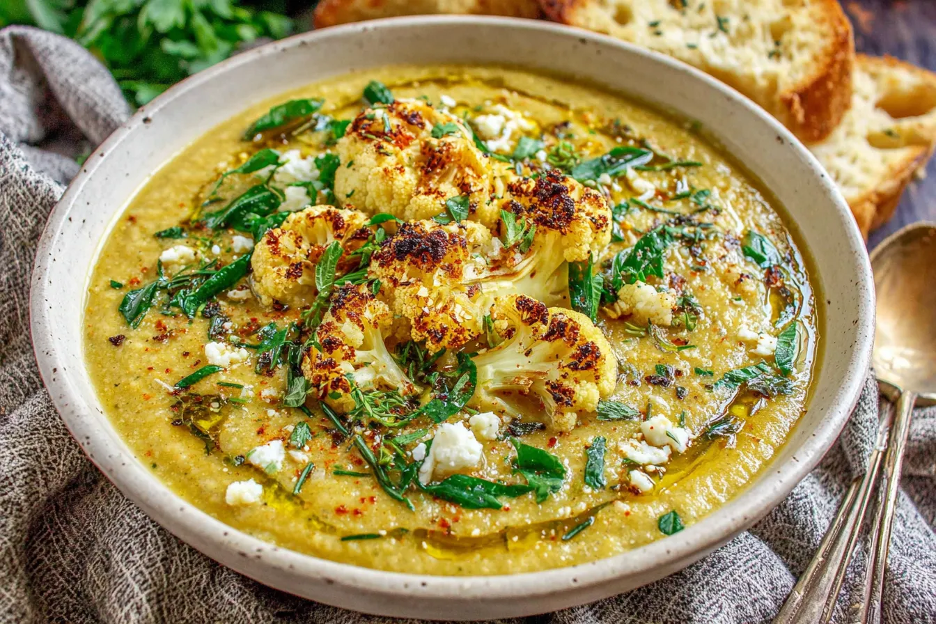Mediterranean Cauliflower Soup Recipe with Herbs and Olive Oil topped with roasted cauliflower, feta, and fresh herbs in a rustic bowl