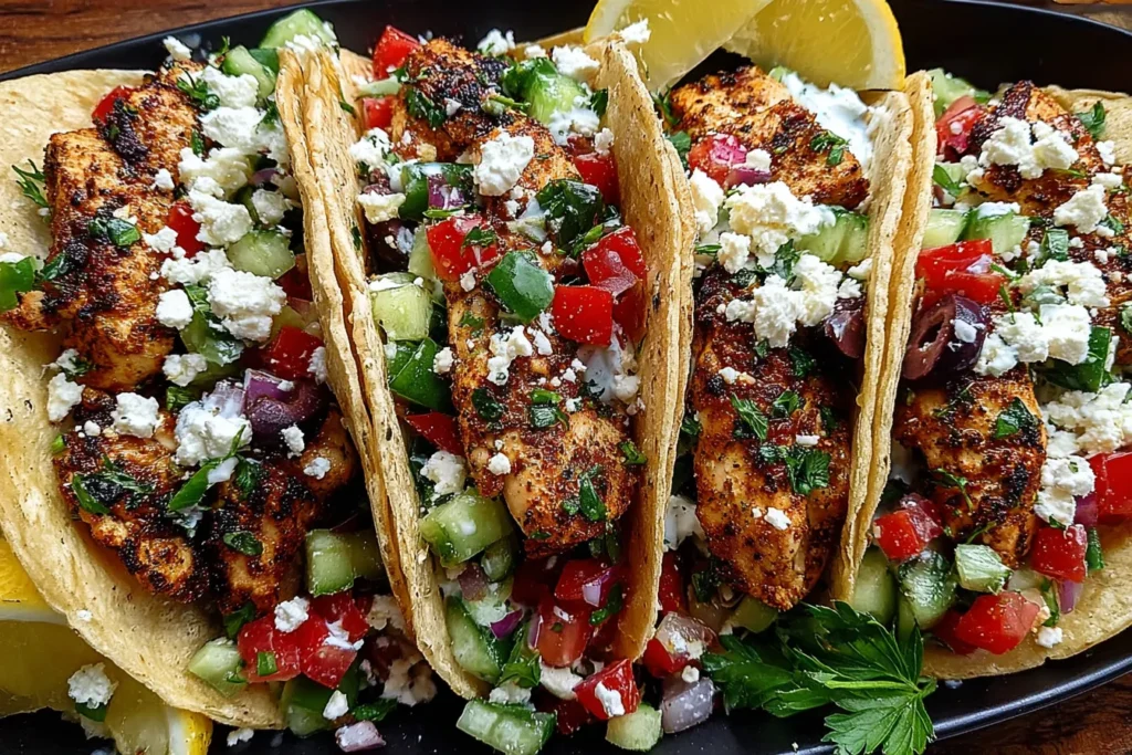 Mediterranean Chicken Tacos filled with grilled chicken, cucumber, tomato, feta cheese, and fresh herbs
