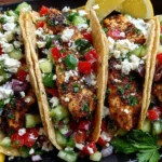 Mediterranean Chicken Tacos filled with grilled chicken, cucumber, tomato, feta cheese, and fresh herbs