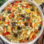 Mediterranean Coleslaw garnished with parsley, olives, and lemon slices