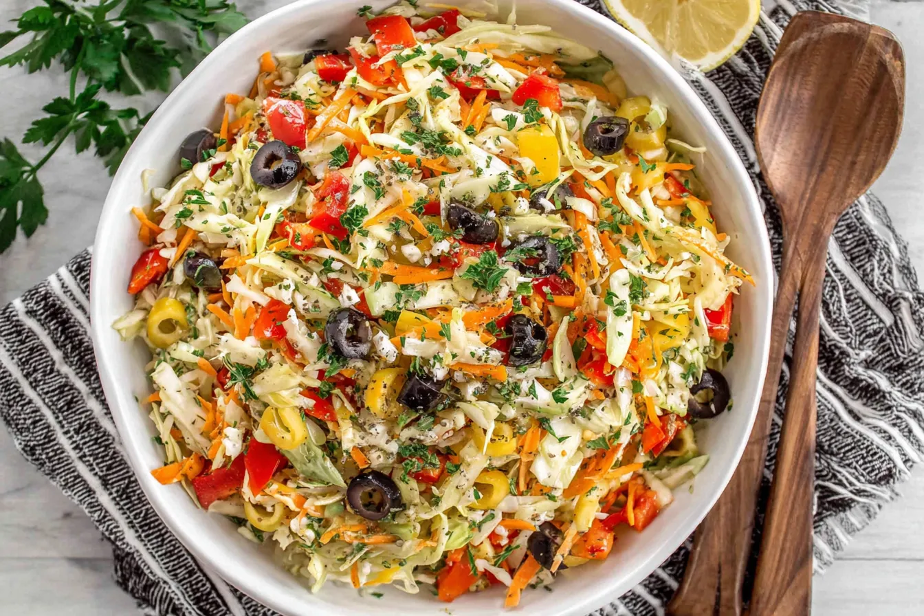 Mediterranean Coleslaw garnished with parsley, olives, and lemon slices