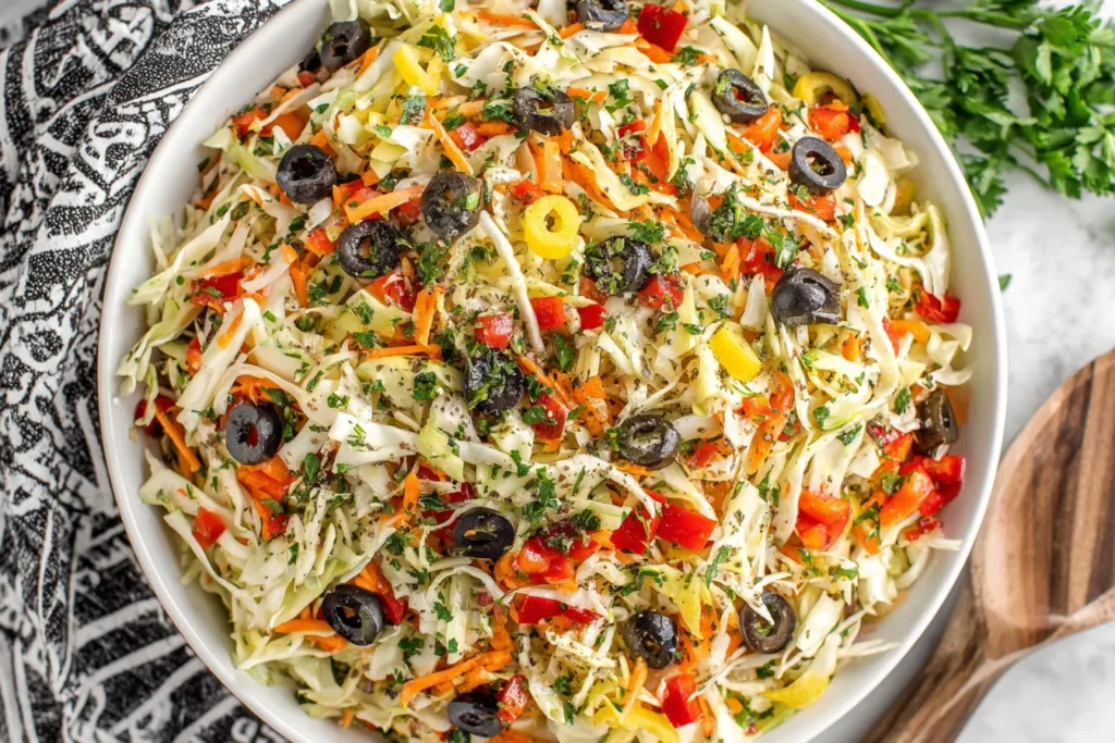 Mediterranean Coleslaw served in a white bowl with olives, parsley, and crunchy vegetables