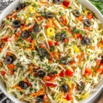 Mediterranean Coleslaw served in a white bowl with olives, parsley, and crunchy vegetables